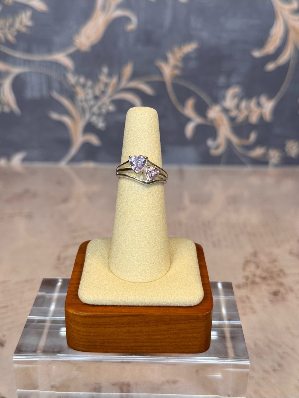 Pink & Lilac Heart Stone Ring Size 5.5 Marked Band D62